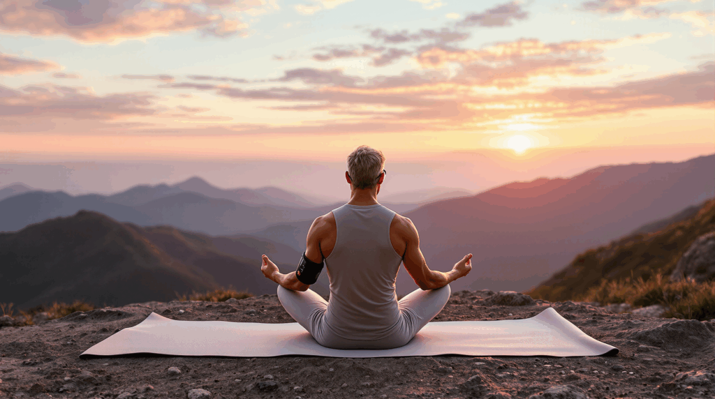 Mann mittleren Alters praktiziert Yoga bei Sonnenaufgang auf einem Berggipfel mit biometrischem Armband und Smartbrille. Natürliches Biohacking.