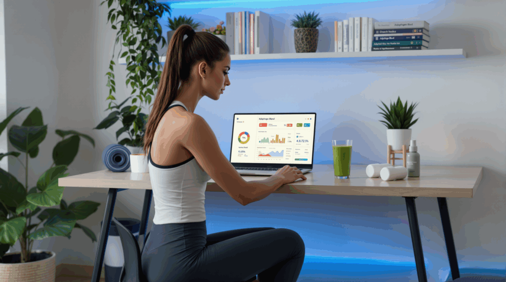Weibliche fitte Biohacker an modernem Schreibtisch mit Laptop, grünem Adaptogen-Smoothie minimalistischer Raum mit Wellness-Büchern, Pflanzen und Fitnessausrüstung.

