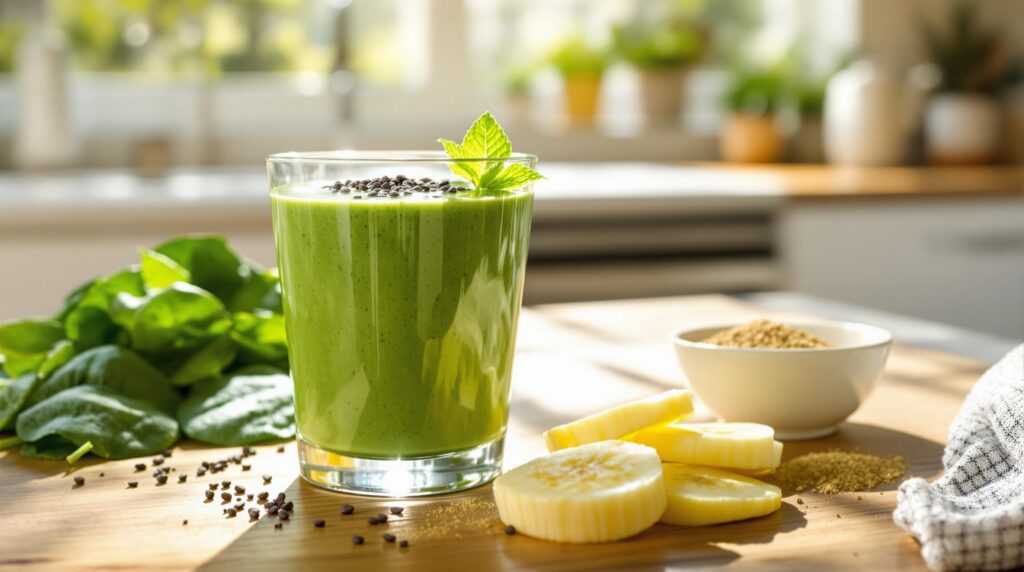Grüner Adaptogen-Smoothie mit Chiasamen und Minze, umgeben von frischem Spinat, Bananenscheiben und Ashwagandha. 