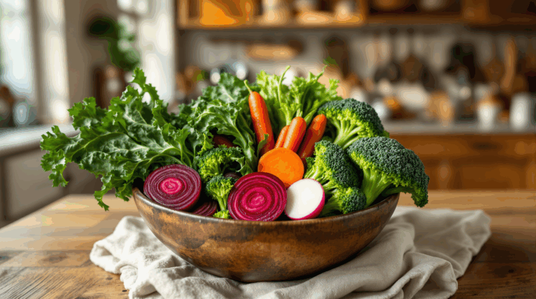 Schüssel mit heimischem Superfood-Gemüse, frisch und farbenfroh angerichtet