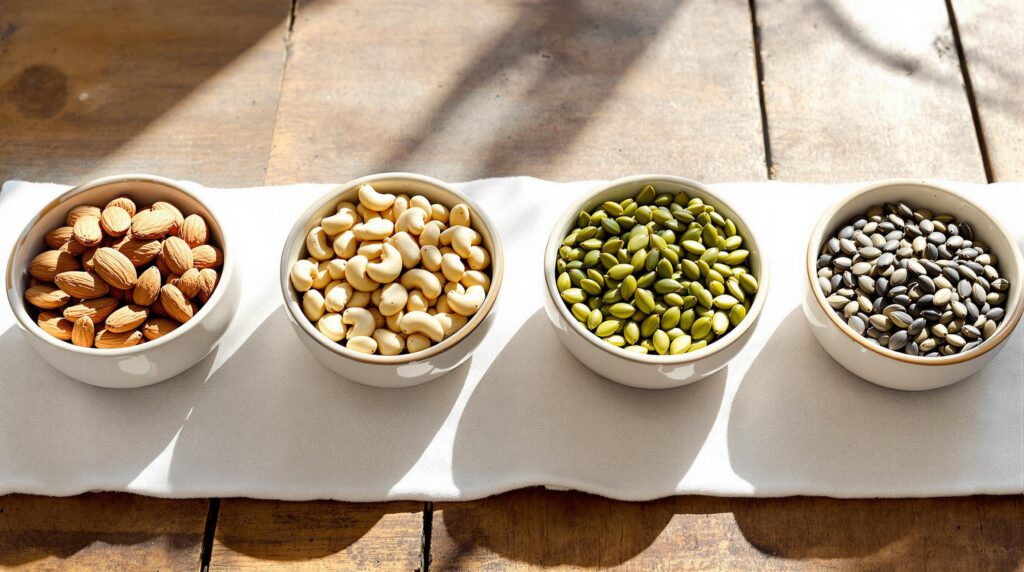 Nüsse und Mandeln, Cashews, Kürbiskerne, Sonnenblumenkerne enthalten viel Magnesium. 
