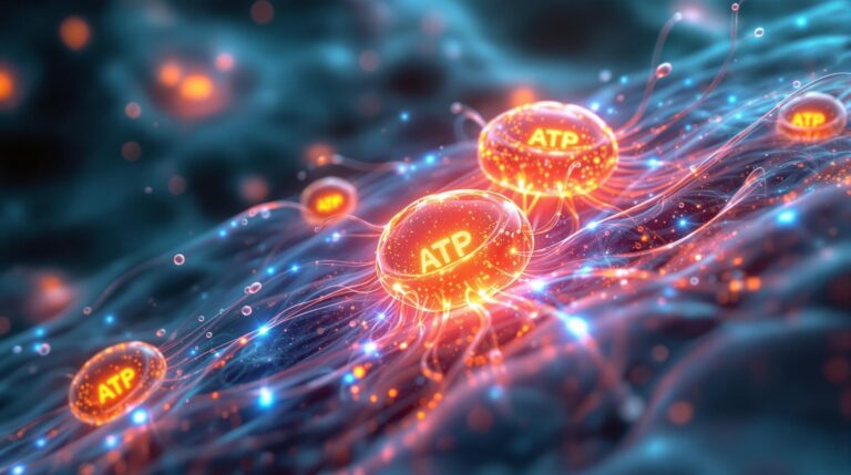 3D-Darstellung einer menschlichen Zelle mit leuchtenden Mitochondrien, die ATP produzieren, visualisiert die zentrale Rolle der Zellkraftwerke für Energie und Gesundheit.