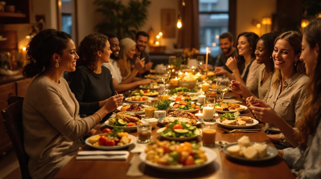 Ein gemeinsames gesundes Abendessen mit viel Obst und Gemüse. 