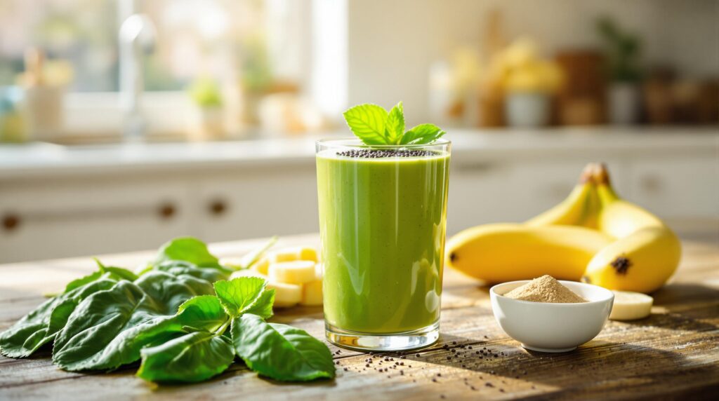 Grüner Adaptogen-Smoothie mit Chiasamen und Minze, umgeben von frischem Spinat, Bananenscheiben und Ashwagandha-Pulver auf Holztisch in sonniger Küche
