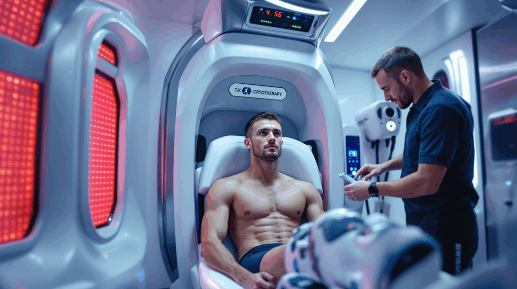 Spitzen Triathlet Ende 20 in Kryotherapie-Sitzung mit Hightech-Geräten wie Rotlicht-Panels und Kompressionsstiefeln – Darstellung moderner Regeneration im Leistungssport. 