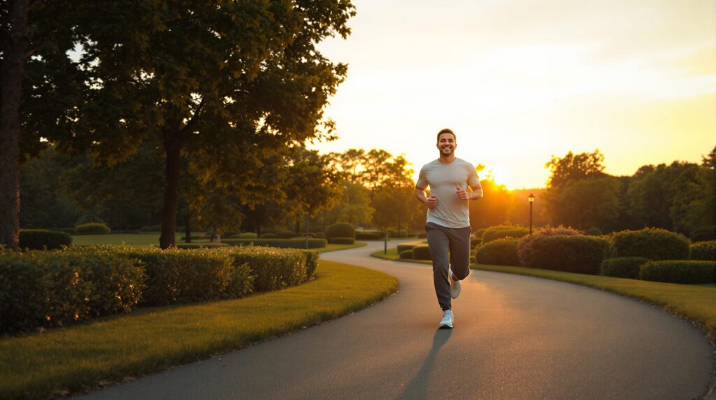 Bewegung ist Gesundheit wie dieser joggende fitte junge Mann intuitiv weiß, beim Laufen abends durch einen park. 