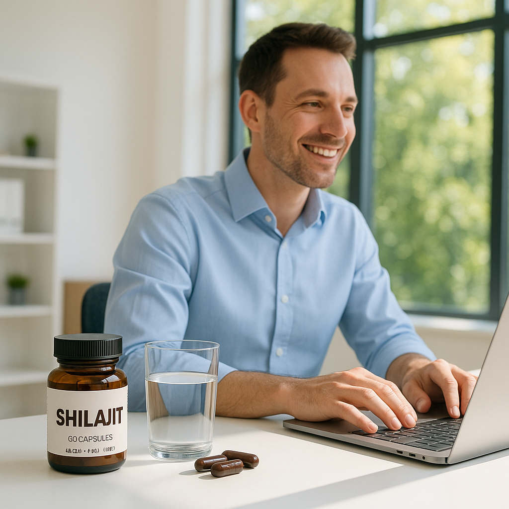 Im Büro zur Mittagszeit mit Shilajit-Kapseln auf dem Schreibtisch. Ein energiegeladener Manager arbeitet konzentriert am Computer, im Hintergrund Tageslicht und grüne Pflanzen vor dem Fenster.