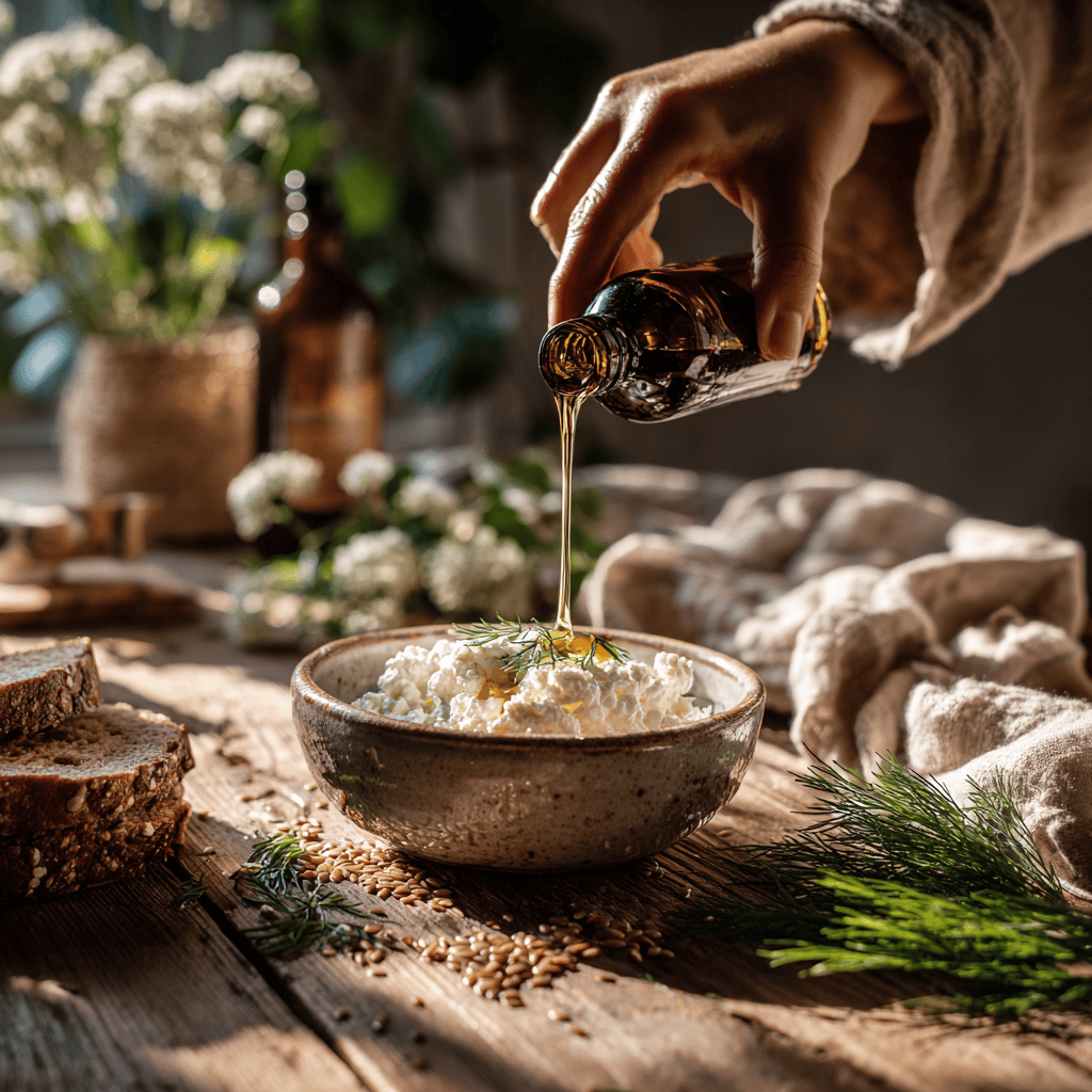 Das eine Hand zeigt, die sanft goldenes Leinsamenöl aus einer dunklen Bernsteinglasflasche auf frischen Hüttenkäse in einer schönen Keramikschale träufelt. Zu sehen sind verstreute Leinsamen, frische Kräuter (Dill oder Schnittlauch), Vollkornbrotscheiben und eine Leinenserviette in natürlichen Beigetönen. Das Öl bildet einen feinen goldenen Strahl, der das Licht einfängt. 