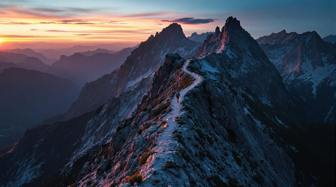 Ultramarathonläufer mit High-Tech-Wearables auf anspruchsvollem Bergpfad bei Sonnenuntergang – Symbol für extreme Ausdauer und technologisches Biohacking.