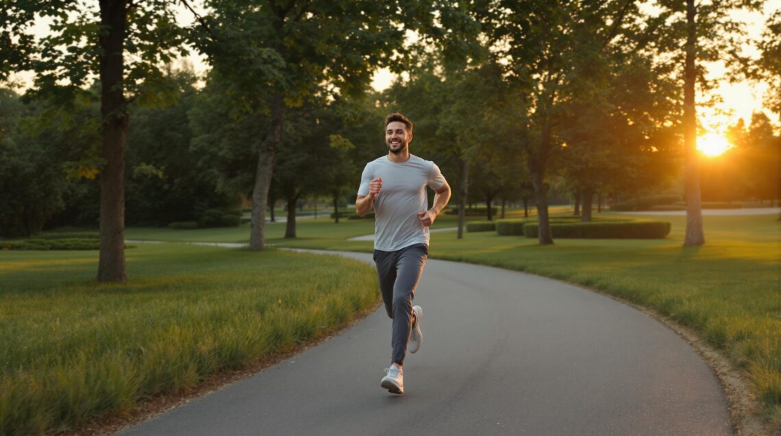Junger Mann joggt nach dem Essen durch einen Park für die Glukosekontrolle. 