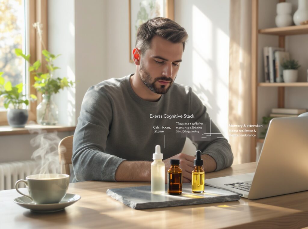 Biohacking modern setup für fokus. schreibtisch mit grünem tee (l theanin + koffein), citicolin. symbolbild.