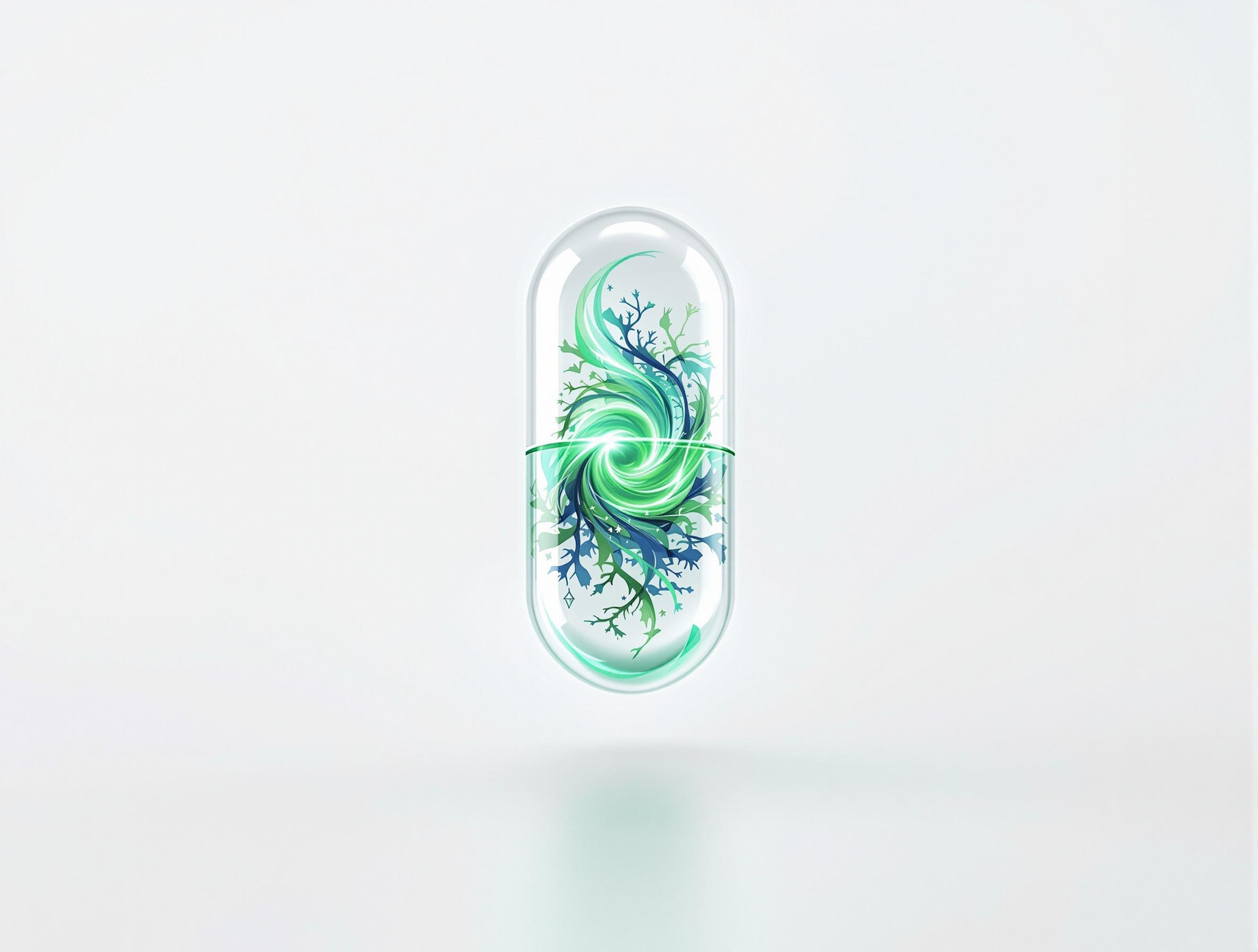 Sulforaphan. eine transparente supplement kapsel mit wirbelndem grünen licht schwebt vor strahlend weißem hintergrund, symbolisiert sulforaphan. symbolbild.