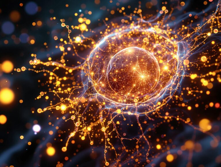 3D-Visualisierung einer leuchtenden menschlichen Zelle mit aktiven Mitochondrien und Lichtpartikeln als Symbol für Energie und CoQ10.
