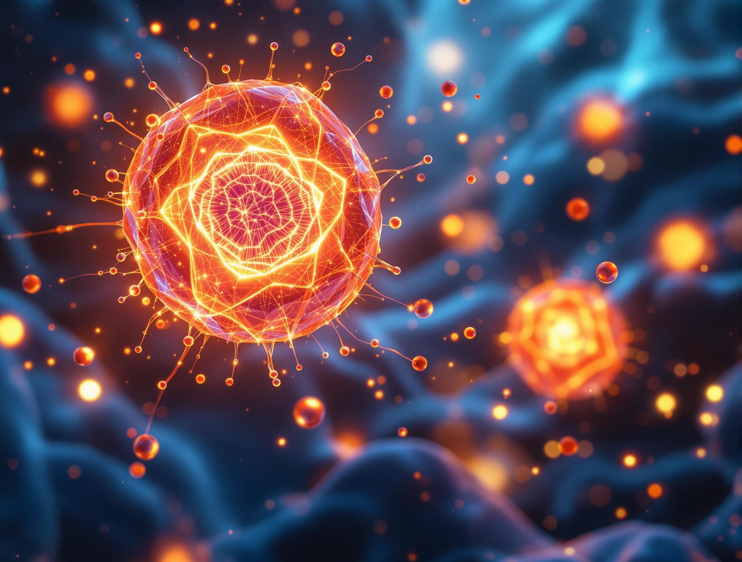 Visualisierung leuchtender Mitochondrien in einer Zelle, stellvertretend für die Energiegewinnung durch Coenzym Q10.