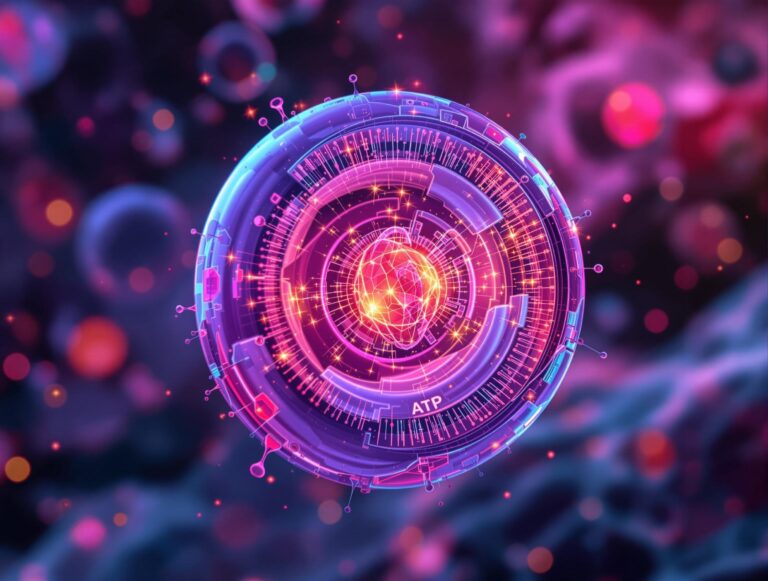 Hyperrealistische Darstellung eines Mitochondriums in einer menschlichen Zelle mit sichtbaren Cristae und leuchtenden ATP-Partikeln, umgeben von anderen Zellorganellen. Symbolbild.