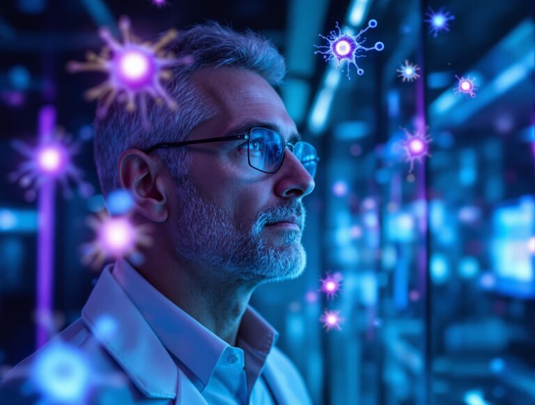 Porträt einer fokussierten Person in Hightech-Umgebung mit neuronalen Visualisierungen – Symbol für den Gehirnschutz durch Coenzym Q10.