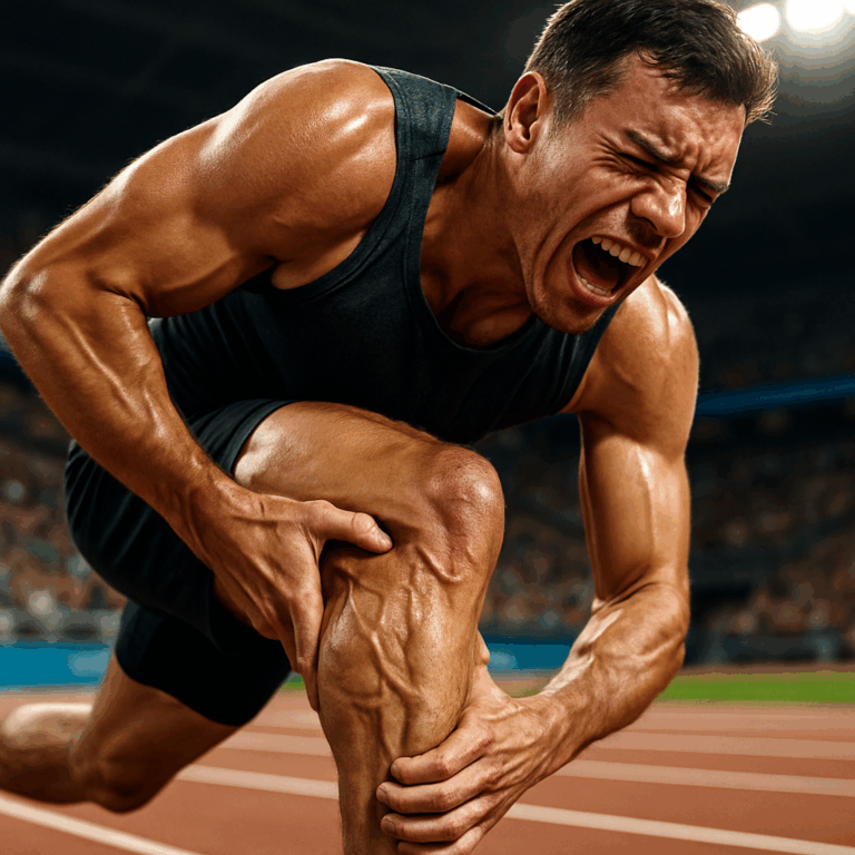 Ein männlicher Athlet erleidet während eines Sprints einen schmerzhaften Wadenkrampf, Gesicht vor Schmerz verzerrt, vor verschwommenem Stadionhintergrund.