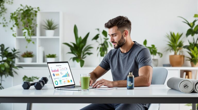 Biohacker an modernem Schreibtisch mit Laptop, grünem Adaptogen-Smoothie und "Adaptogen Blend"-Flasche; minimalistischer Raum mit Wellness-Büchern, Pflanzen und Fitnessausrüstung.