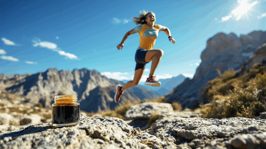 Sportliche Athletin beim Sprung auf einem Bergpfad, im Vordergrund ein Behälter mit Shilajit-Harz auf einem Felsen, dahinter sonnige Berglandschaft.