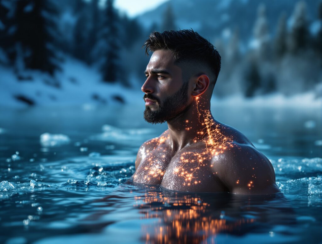 Ein Mann steht in einem eiskalten Bergsee – mit leuchtenden Bereichen braunen Fettes, das reich an Mitochondrien ist – in winterlicher Landschaft. Er atmet ruhig durch und regeneriert. Symbolbild.
