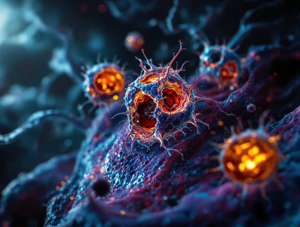 Darstellung geschädigter Mitochondrien mit ROS-Leckage in einer entzündeten Zellumgebung – Symbol für chronische Krankheiten.