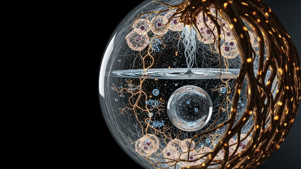 Biohacking Balance von Makro zu Mikro. Symbolbische Visualisierung.