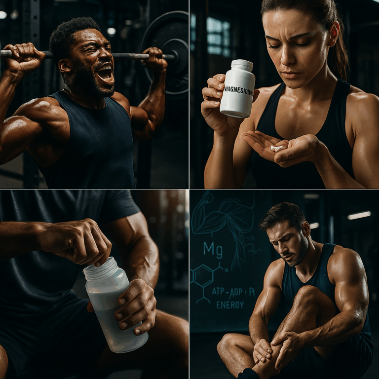 Athleten nutzen Magnesium Supplementierung zur Leistungssteigerung und Muskelregeneration, dargestellt durch Trainings- und Erholungsphasen.