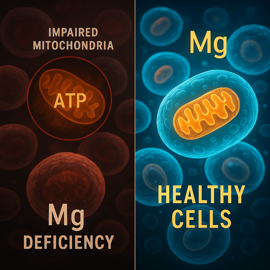 Vergleich von Zellen mit Magnesiummangel und starken, gesunden Zellen, wobei die Auswirkungen auf die mitochondriale Energieproduktion dargestellt werden.