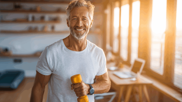 Longevity mit krafttraining ist für diesen best ager das beste tägliche fitnessprogramm zu hause. symbolbild.
