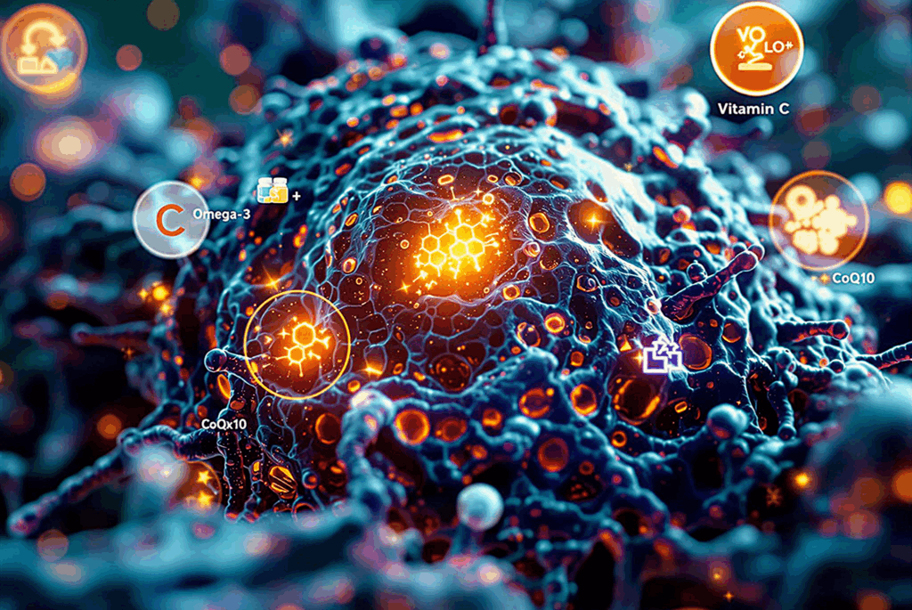 Visualisierung einer menschlichen Zelle mit leuchtenden Mitochondrien. Symbol für Mitochondrien Power. Visual.