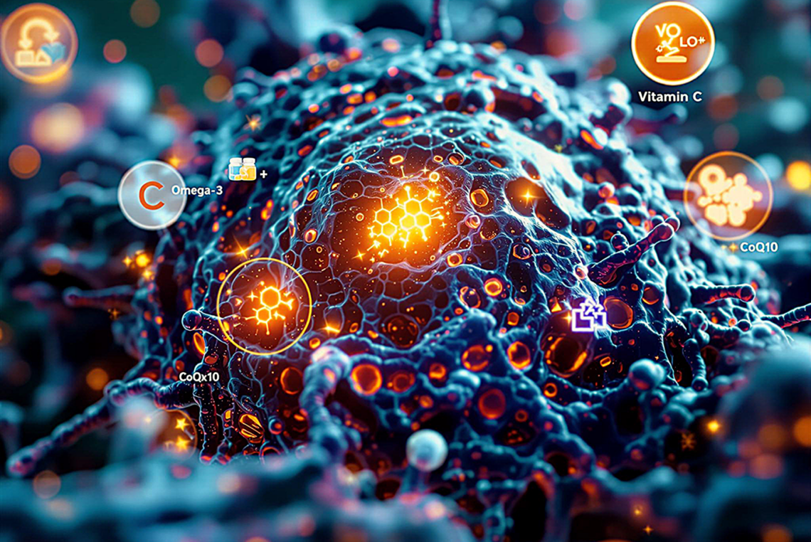 Visualisierung einer menschlichen Zelle mit leuchtenden Mitochondrien. Symbol für Mitochondrien Power. Visual.