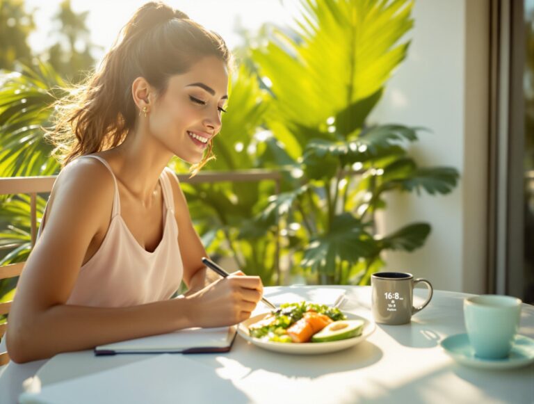 Eine Frau frühstückt bewusst auf einem Balkon bei Morgensonne – Darstellung von circadianem Essen und biohackerischer Routine.