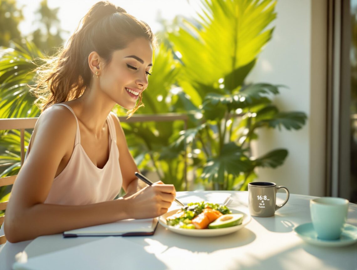 Eine Frau frühstückt bewusst auf einem Balkon bei Morgensonne – Darstellung von circadianem Essen und biohackerischer Routine.