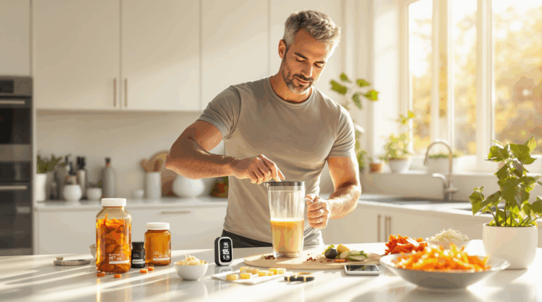 Biohacking ist kein Hokuspokus, sondern gezielte Ernährung mit Bulletproof Coffee wir für diesen sportlichen Mann beim Frühstück.