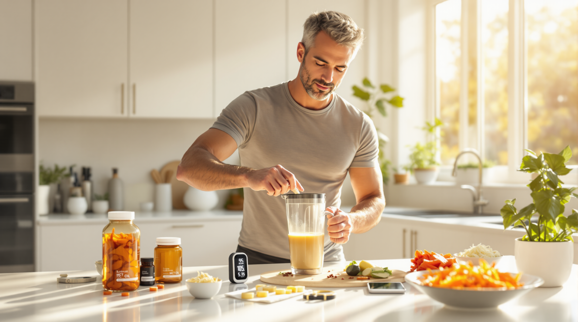 Biohacking ist kein Hokuspokus, sondern gezielte Ernährung mit Bulletproof Coffee wir für diesen sportlichen Mann beim Frühstück.