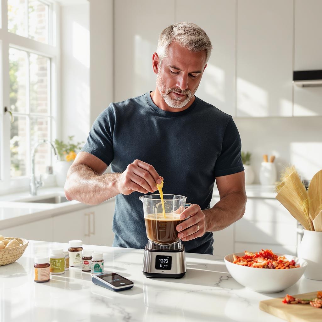 Biohacking Routing für diese Fitten älteren Mann beim Frühstückzubereiten mimt Bulletproof Coffee.