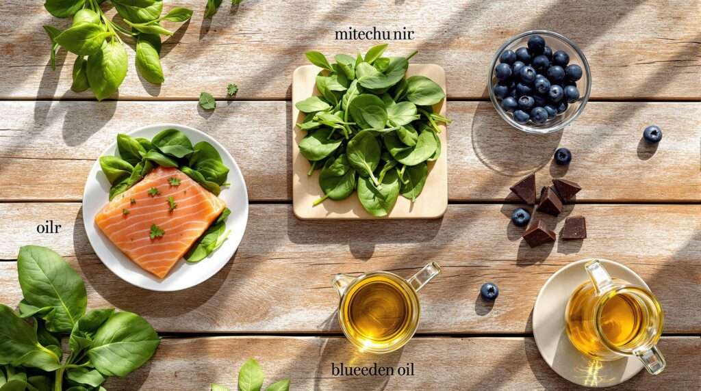 Gesunde Lebensmittel zur Unterstützung der Mitochondrien appetitlich angerichtet.