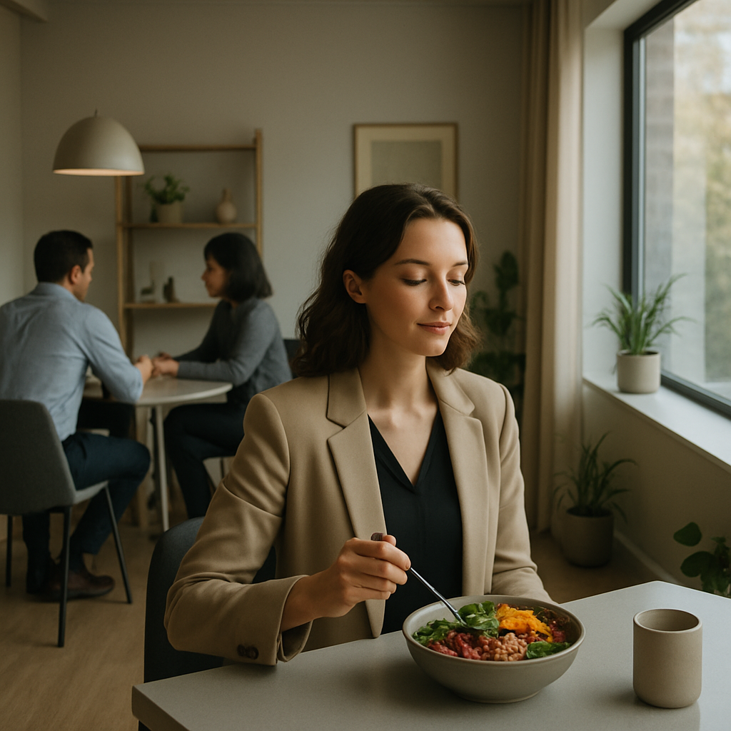 Gesunde Mittagspause für diese junge, ernährungsbewusste  Dame im einfach gestalteten Büro mit entspanntem Ambiente.