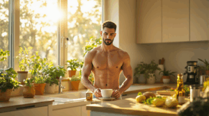 Junger Mann bereitet Bulletproof-Kaffee in heller Biohacking-Küche zu – Morgenritual für Energie, Lebensfreude, gesunde Ernährung. Keywords: Bulletproof, Biohacking, Morgenroutine, MCT-Öl, gesunder Start, Energie.