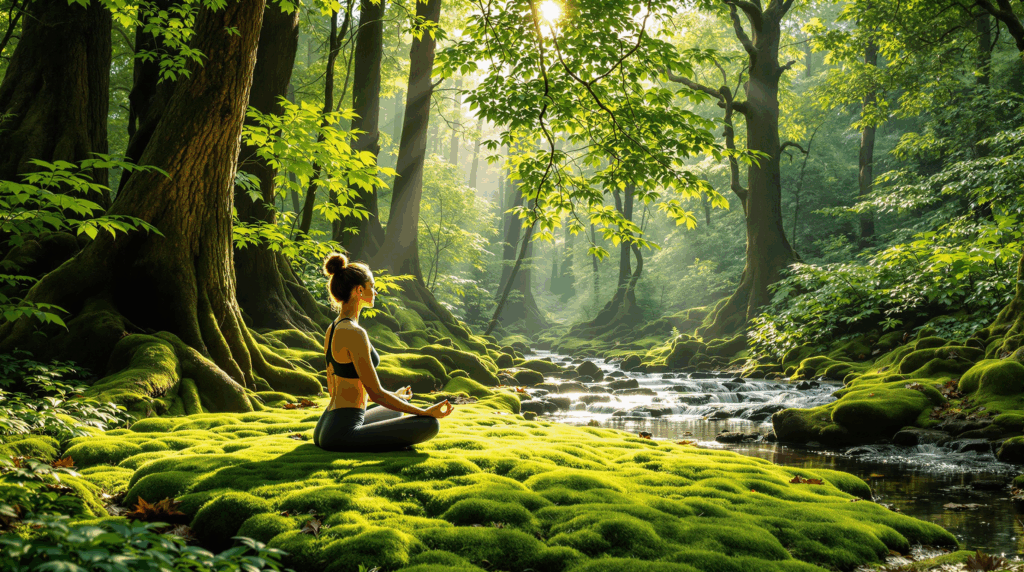 In einer ruhigen Waldlichtung praktiziert eine Person Yoga, umgeben von hohen Bäumen und einem Teppich aus weichem Moos. Sonnenlicht sorgt für stille Lebensfreude und gelassene Zufriedenheit.