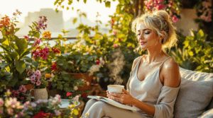 Frau beim Fastenritual mit Kräutertee auf Balkon – Biohacking, Gelassenheit und Gesundheit am Morgen. Keywords: Intervallfasten, Selbstfürsorge, Biohacking, Kräutertee, Energie, Fokus.