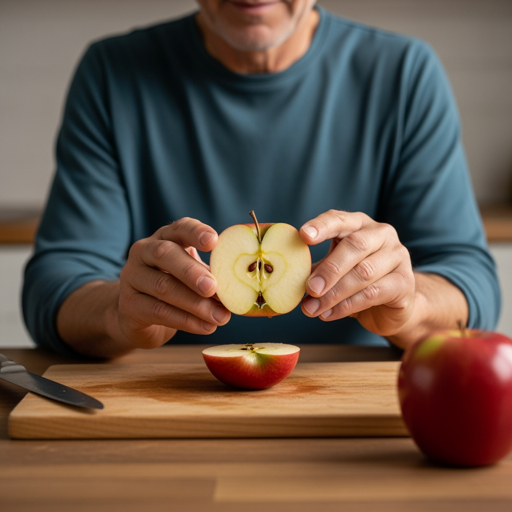 Biohacking mit apfel. darmflora optimal gesund. der männliche senior isst jeden tag einen heimischen apfel. symbolbild.