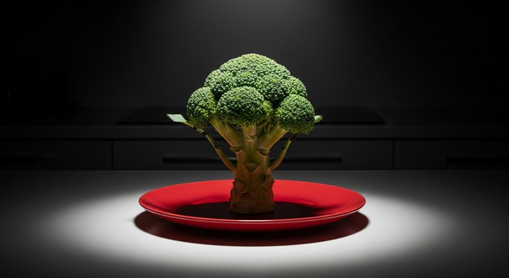 Biohacking mit brokkoli als grüner starker baum für zellgesundheit. symbolbild.