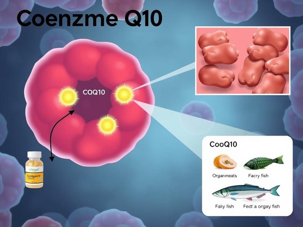 Coenzym Q10 als Biohacking-Supplement mit Darstellung der Energieproduktion in den Mitochondrien