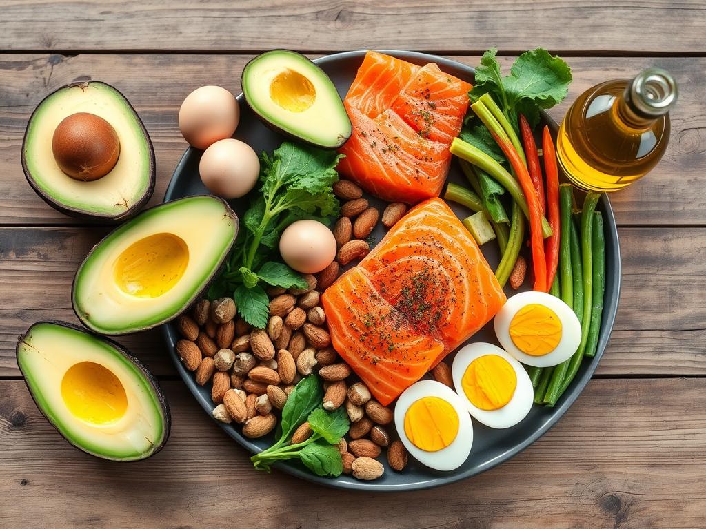 Ketogene Biohacking-Mahlzeit mit gesunden Fetten, Gemüse und Proteinen