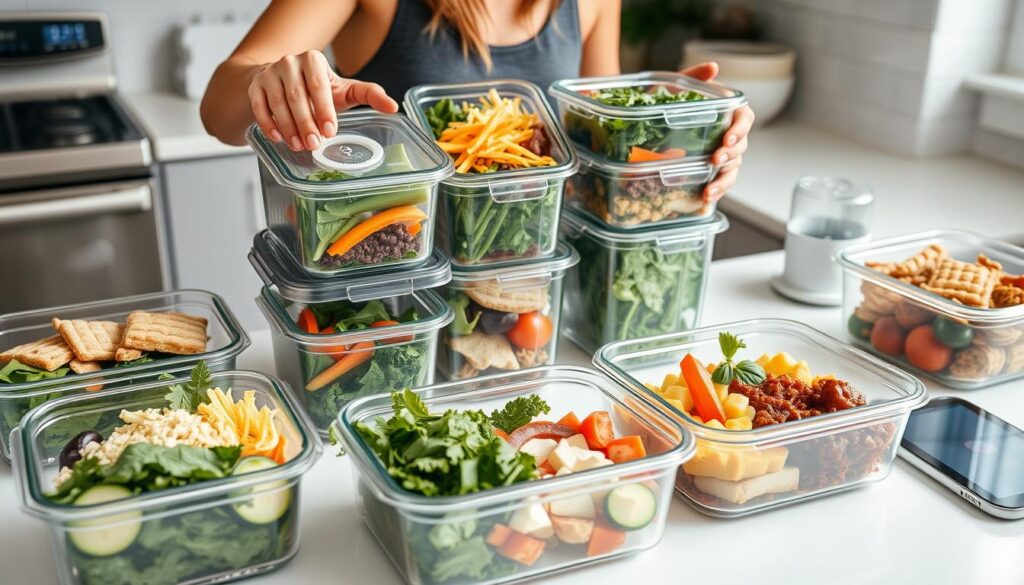 Person bereitet Biohacking-Mahlzeiten für die Woche vor (Meal Prep)