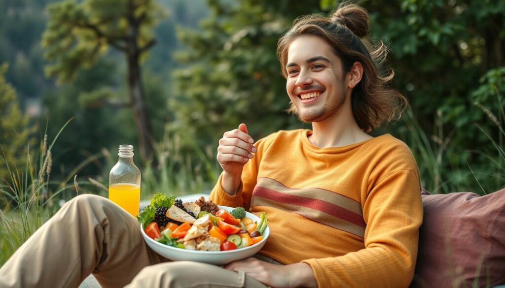 Person genießt energiereiche Biohacking-Mahlzeit in der Natur