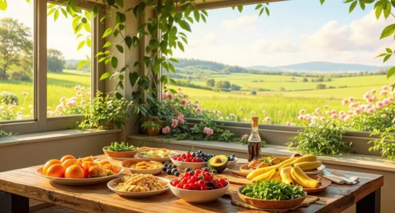 Komplett vegetarisch mit frischen Früchten, Gemüse, Avocado und Brot