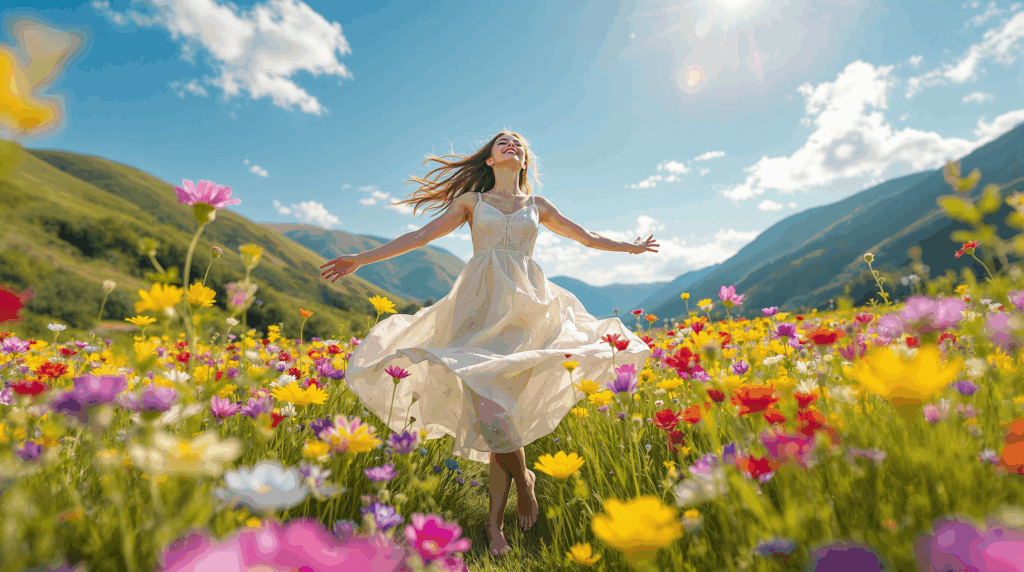 Eine fröhliche Frau tanzt barfuß in einer sonnenbeschienenen Wiese, sie hat ausreichend Vitamin D3.