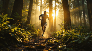 Biohacker joggt barfuß im Wald bei Sonnenaufgang – Vitalität, Energie, Natur, gesunde Bewegung. Biohacking-Bewegung, Energie, Sonnenaufgang, Waldlauf, Resilienz.